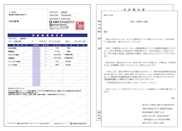 GMEの検査結果と受診報告書の見本